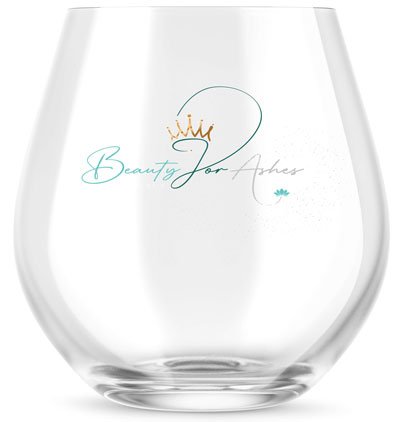 Wine glass with beauty for ashes logo